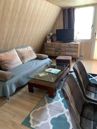 a living room with a couch and a coffee table at Siedlisko Kępina Zdrój in Ostrów