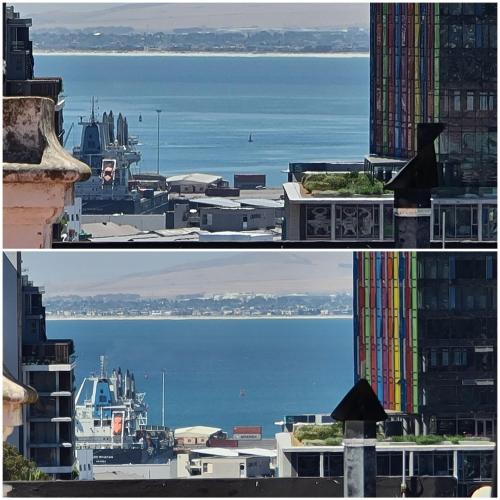 two pictures of a city with the ocean and buildings at Table Mountain View Villa in Cape Town