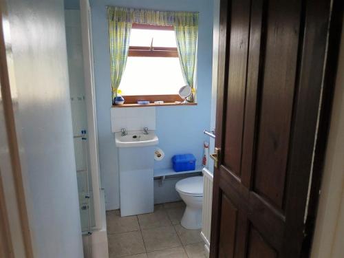 a bathroom with a toilet and a sink and a window at Cae y Rhedyn Annexe in Crickhowell