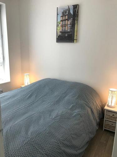 a bedroom with a bed and a picture on the wall at la licorne { T2 tous confort} centre ville in Pont-Audemer