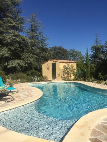 une piscine avec une maison en arrière-plan dans l'établissement Gites Mas Du Cadranier, à Villeneuve
