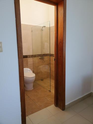 a bathroom with a toilet and a glass shower at Apartamento Del Cerro in Santa Bárbara de Samaná