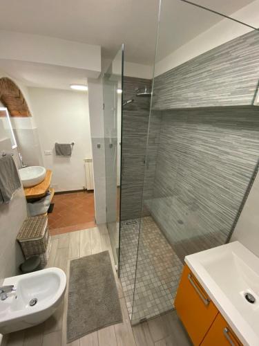 a bathroom with a shower and a toilet and a sink at Frantoio-di-Campiglia in Campiglia Marittima