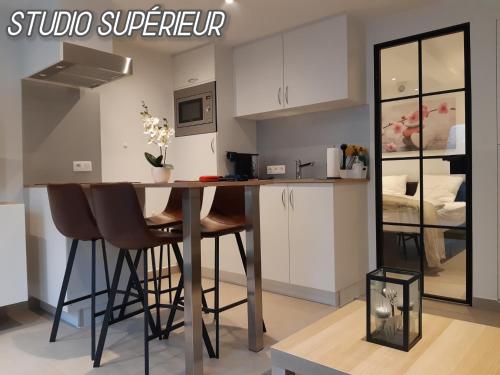 a kitchen with a table and chairs in a room at Terrasses de Malmedy F&L triplex 214 et studio 320 et 317 et Studio supérieur 340 in Malmedy