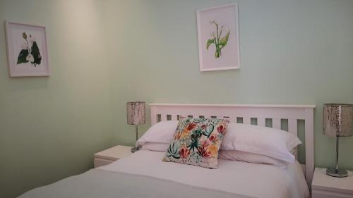 1 cama con almohada y 2 cuadros en la pared en The Greenhouse Guesthouse, en Ciudad del Cabo