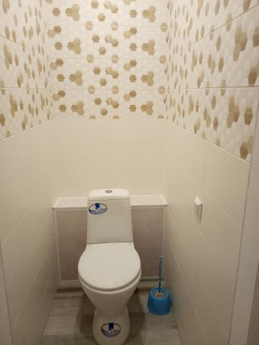 a bathroom with a white toilet in a room at Apartment Harkovskaya 1 floor in Sumy
