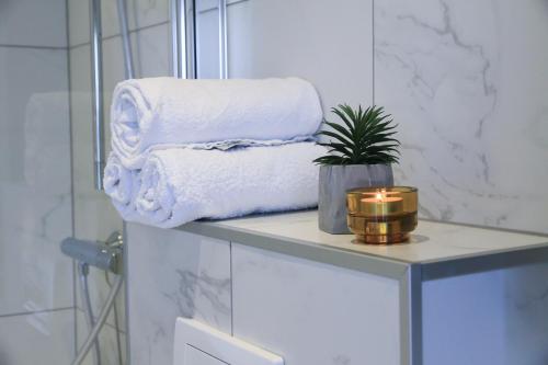 a pile of towels and a plant on a shelf in a bathroom at Saga Caves Straen in Stavanger