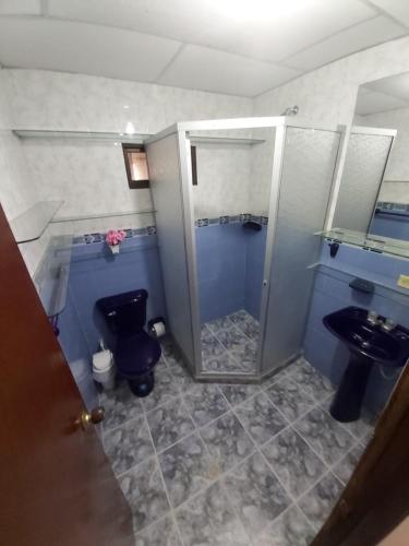 een badkamer met een douche, een toilet en een wastafel bij HOSPEDAJE CARIBE EXPRESS in Cartagena