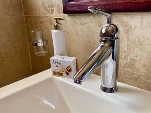lavabo con grifo cromado y dispensador de jabón en Mountainview Guesthouse en Ciudad del Cabo