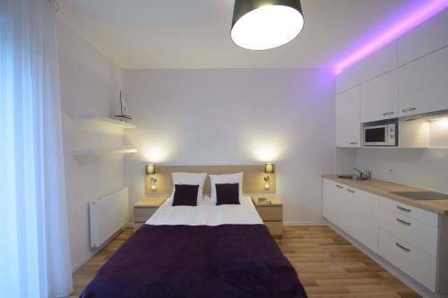 1 dormitorio con 1 cama grande en una habitación en Apartamenty Karawela - Nadmorski Dwór, en Gdansk
