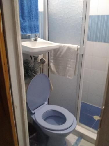 a bathroom with a blue toilet and a sink at Comfortable inn Green Sea Villa Helen, Kilometro 4 Circunvalar in San Andrés