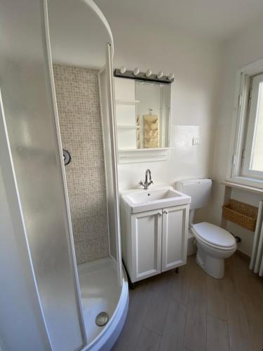 a bathroom with a shower and a sink and a toilet at Casa Genepy - monolocale in centro a Sestriere in Sestriere