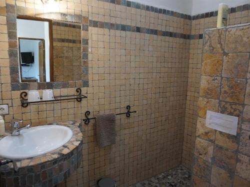 a bathroom with a sink and a mirror at La Buisse in Simiane-la-Rotonde