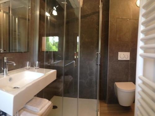 a bathroom with a sink and a shower at Auberge Quintessence in Roubion