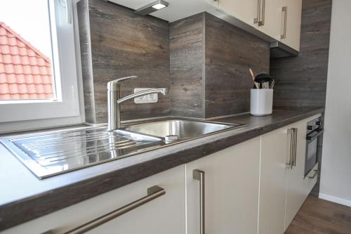 eine Küche mit einem Waschbecken und Holzwänden in der Unterkunft Haus am Deich Wohnung 14 in Dahme