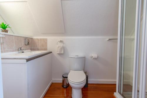 a white bathroom with a toilet and a sink at TwentyFour 17 Inn in Hermanus