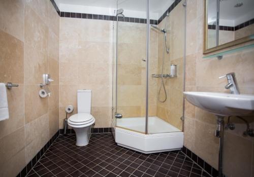 a bathroom with a shower and a toilet and a sink at Vihula Manor Country Club & Spa in Vihula