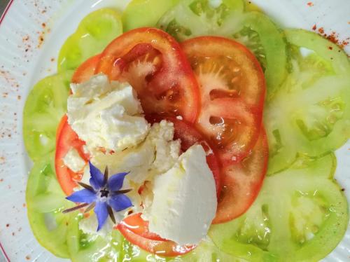 a plate of food with tomatoes and other vegetables at Logis Hotel Xoko-Goxoa in Saint-Michel