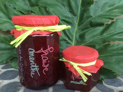two jars of jam sitting next to a plant at Mas Du Cadranier in Villeneuve