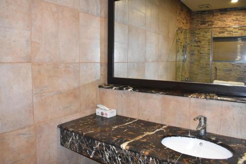 a bathroom with a sink and a mirror at Safari Club 1 in Rawalpindi