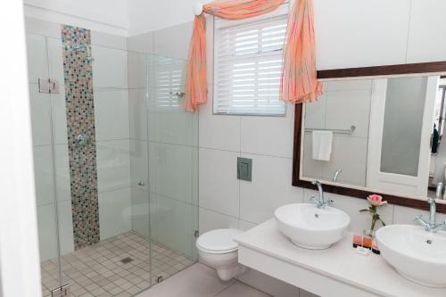 a bathroom with a shower and a toilet and a sink at Paternoster Lodge in Paternoster
