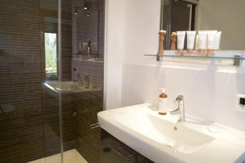 a bathroom with a sink and a glass shower at Ann LANDSCAPED & LUXE chalet 8 pers by Alpvision Résidences in Nendaz