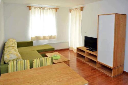 a living room with a green couch and a television at Vila Bjanka in Zlatibor