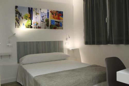 um quarto com uma cama e uma fotografia na parede em Hostal royal begoña em Madri