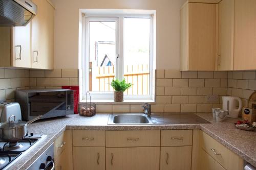 a kitchen with a sink and a window at Friarscroft Lodge Holiday Home in Wymondham
