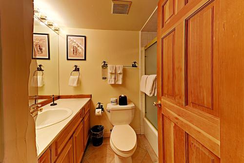 a bathroom with a toilet and a sink and a mirror at Timberline Condominums Studio Loft Standard Unit 301 in Snowmass Village