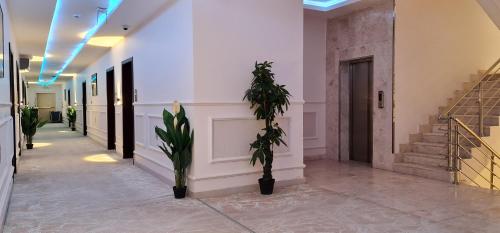 a hallway with potted plants and stairs in a building at Qasr Alshamal Hotel in Arar