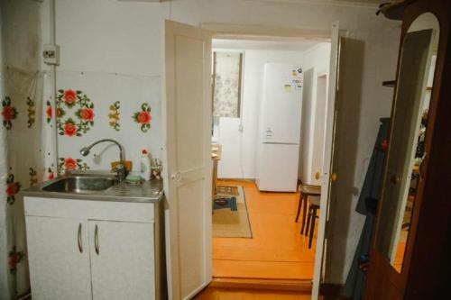 uma cozinha com um lavatório e uma bancada em Family FunHouse em Vorontsovskoye
