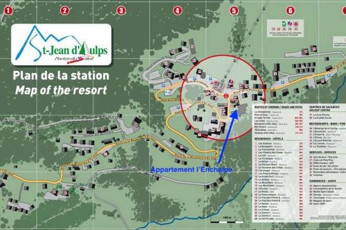 a map of the las station map of the resort at L'Enchalpe, Grand et lumineux studio avec coin montagne 5 personnes, 60m des pistes, PISCINE COUVERTE, WIFI, grand balcon expo EST, DRAPS NON COMPRIS in Saint-Jean-dʼAulps