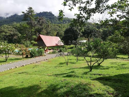un jardin avec une maison au milieu d'un champ dans l'établissement Hacienda Mil Bellezas - Private 40ha Jungle Reserve, à Quepos