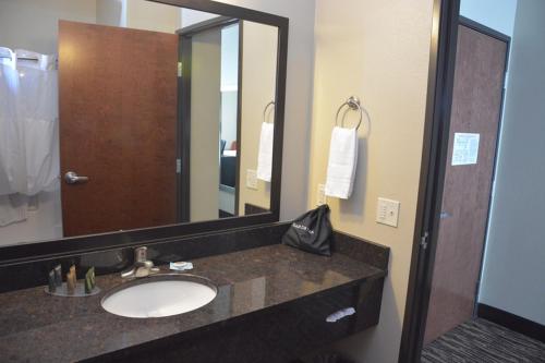a bathroom with a sink and a large mirror at Roosevelt Inn & Suites in Watford City