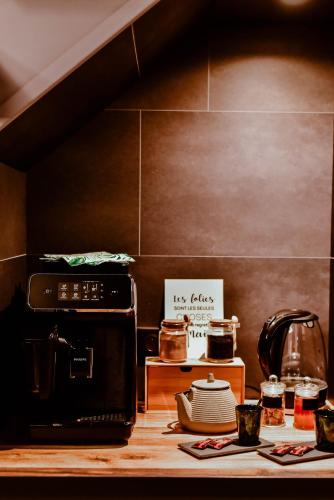 a kitchen with a counter top with a microwave at Domaine de l'Angélique - Loft avec SPA privatif - Marais poitevin entre Niort et La Rochelle in Arçais