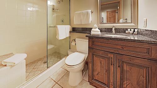 e bagno con servizi igienici, lavandino e doccia. di Timberline Condominiums Studio Standard Unit 118 a Snowmass Village