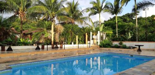 a swimming pool with palm trees in the background at Pousada Atelier Aly da Costa in Iguape