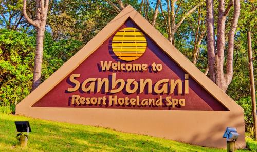 a sign for the samburi resort hotel and spa at Sanbonani Hotel in Hazyview