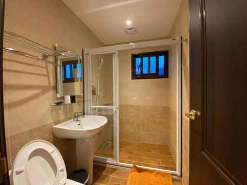 a bathroom with a shower and a toilet and a sink at 無盡夏民宿 in Nanzhuang