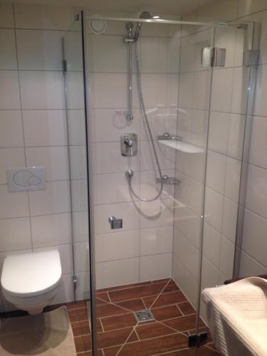 a bathroom with a glass shower with a toilet at Apart Susi in See