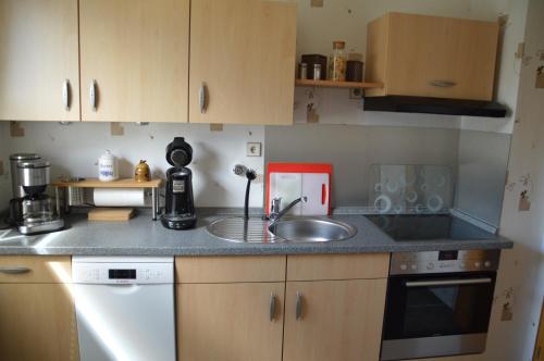 a kitchen with a sink and a counter top at Ferienwohnung Nüdling in Hilders