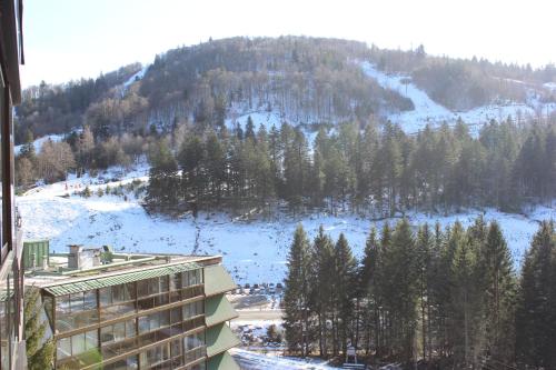 a view of a snow covered mountain with a building at Studio tout confort au calme in La Bresse