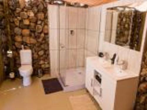 a bathroom with a shower and a sink and a toilet at Elegant Desert Camp in Sesriem