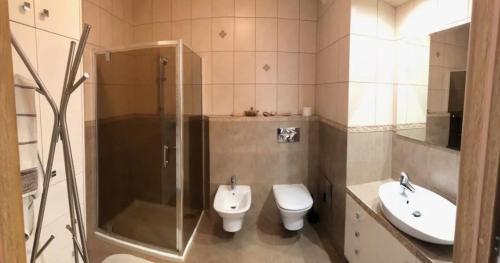 een badkamer met een douche, een toilet en een wastafel bij Apartment on the Boulvard in Krakau