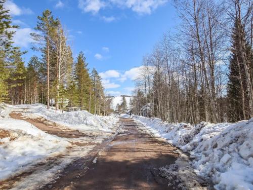 un camino de tierra cubierto de nieve y árboles en Holiday Home Hallanhelmi a paritalo by Interhome, en Hyrynsalmi