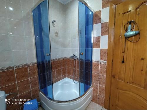 a bathroom with a shower with a toilet in it at Boykivska Familiya in Yaremche