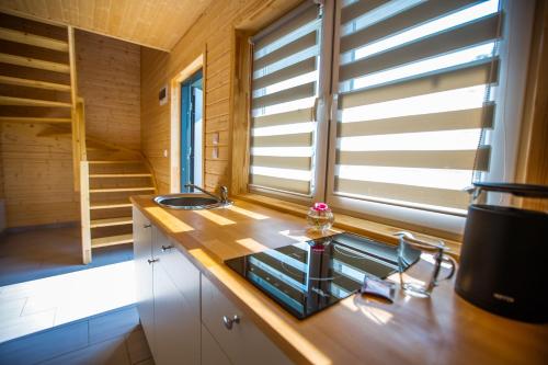 eine kleine Küche mit einem Waschbecken und einem Fenster in der Unterkunft Quiet Resort in Mielenko