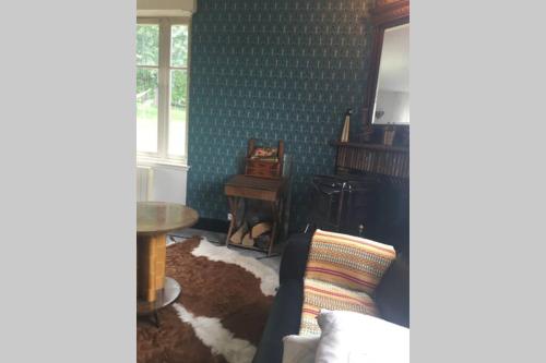 ein Wohnzimmer mit einem Sofa und einem Kamin in der Unterkunft Ferme de Wichery, Gite 2-6 pers. in Rozoy-sur-Serre