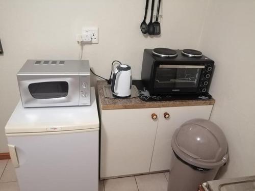 a kitchen with a microwave and a toaster oven on a counter at Garden Route Stay in George